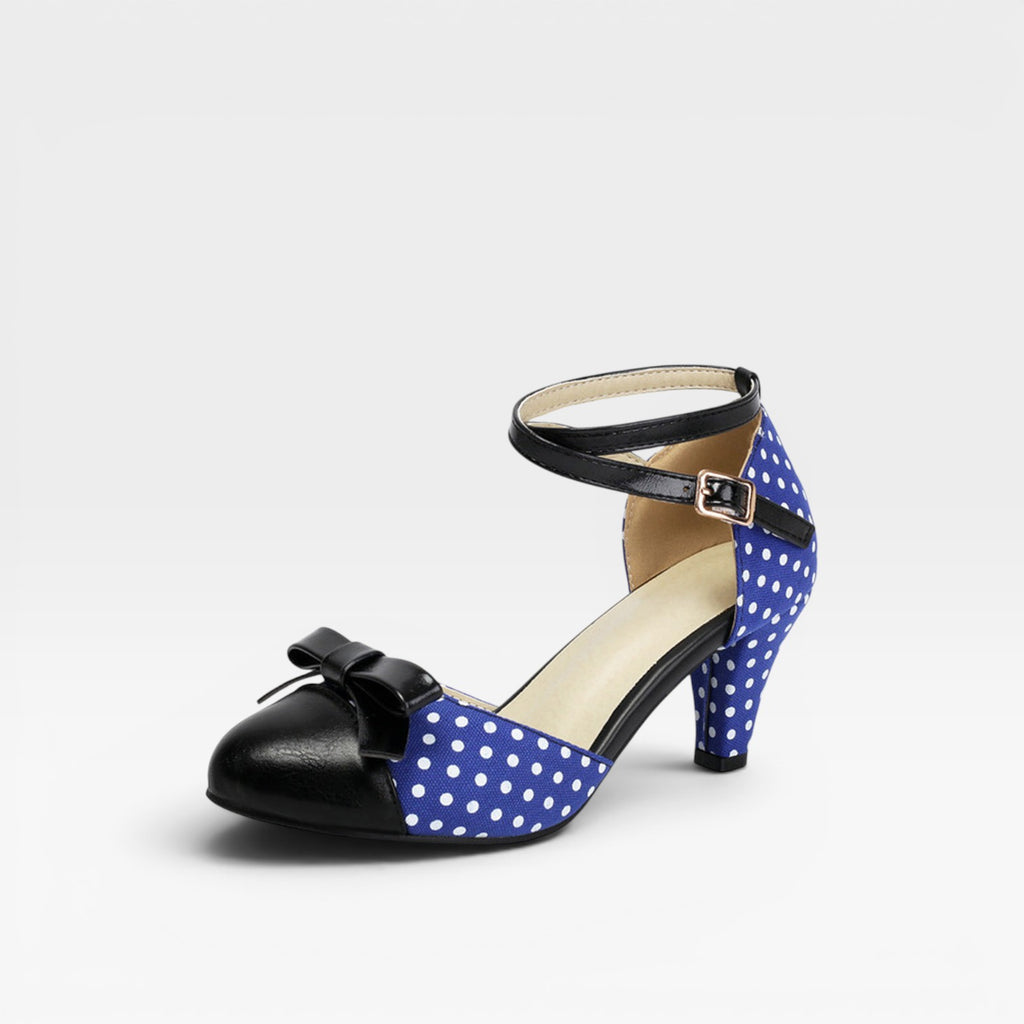 Women's Vintage Polka Dot Pumps – Elegant Ankle Strap Bow Detail Chunky Heels for Party and Special Occasions