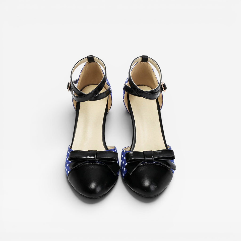 Women's Vintage Polka Dot Pumps – Elegant Ankle Strap Bow Detail Chunky Heels for Party and Special Occasions