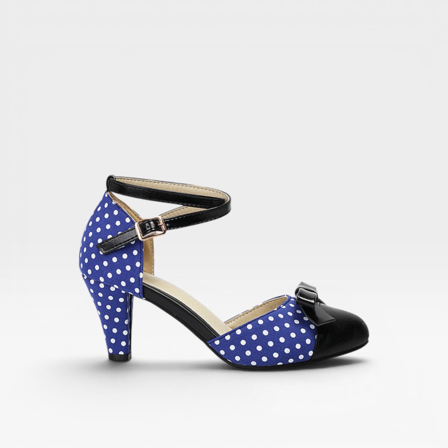 Women's Vintage Polka Dot Pumps – Elegant Ankle Strap Bow Detail Chunky Heels for Party and Special Occasions