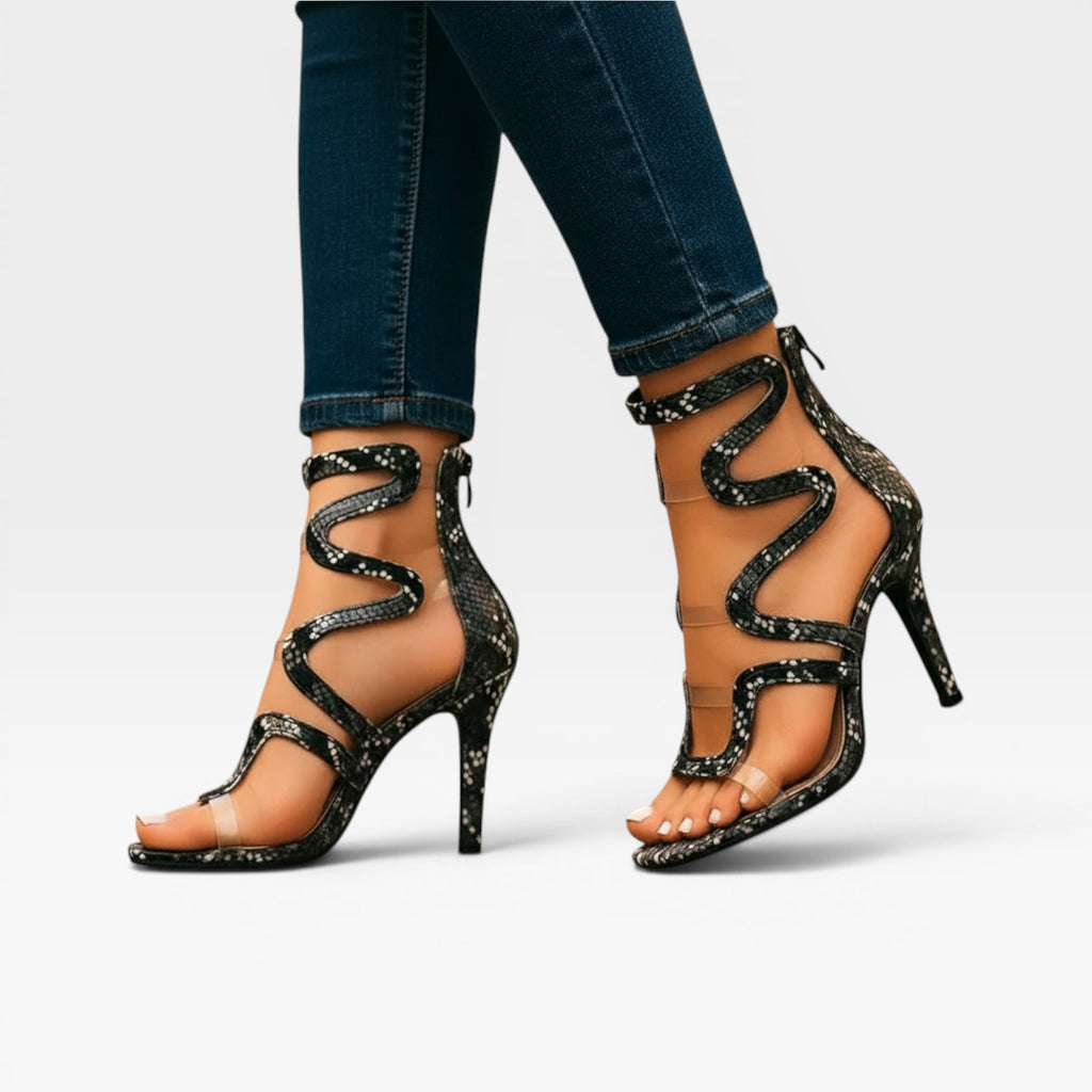 Escarpins imprimé reptile pour femmes – Sandales à talons aiguilles avec lanière spirale à la cheville pour occasions spéciales