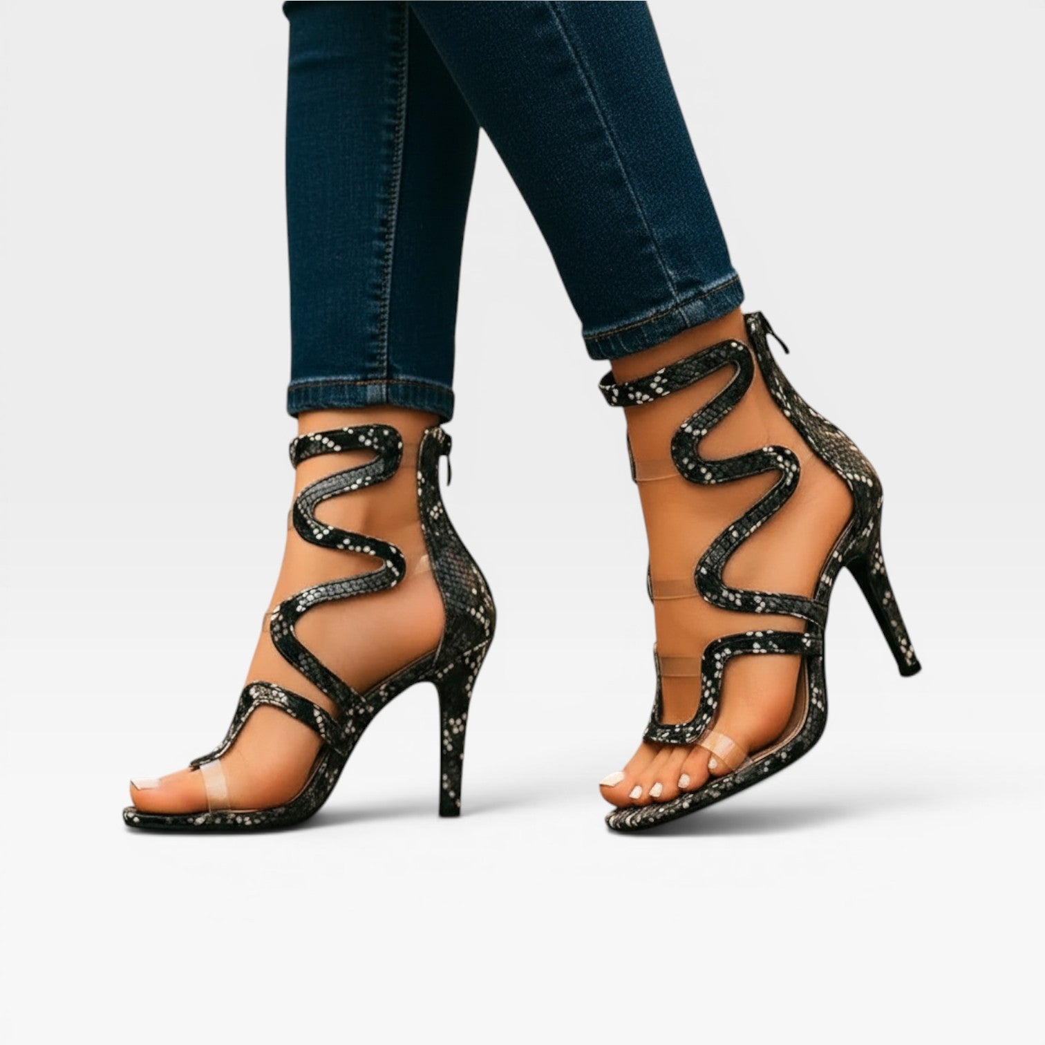 Escarpins imprimé reptile pour femmes – Sandales à talons aiguilles avec lanière spirale à la cheville pour occasions spéciales