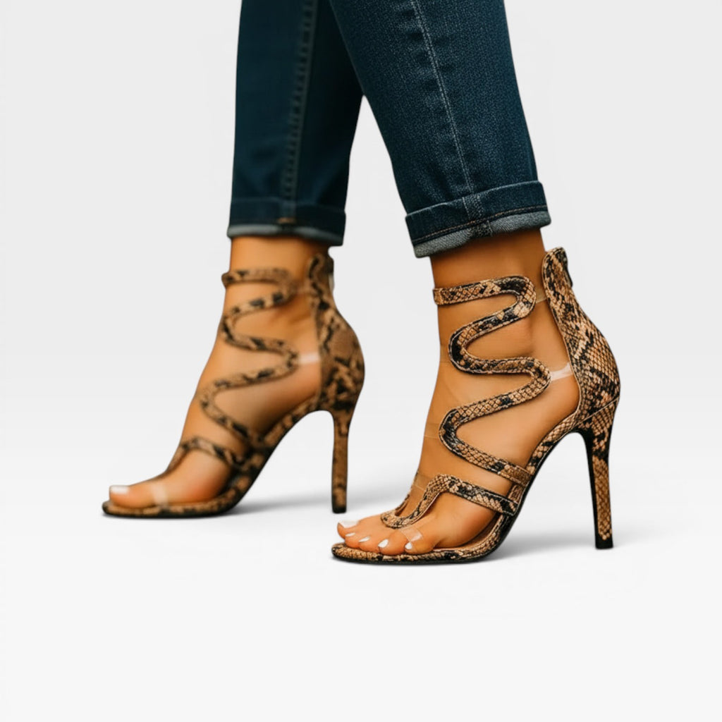 Escarpins imprimé reptile pour femmes – Sandales à talons aiguilles avec lanière spirale à la cheville pour occasions spéciales