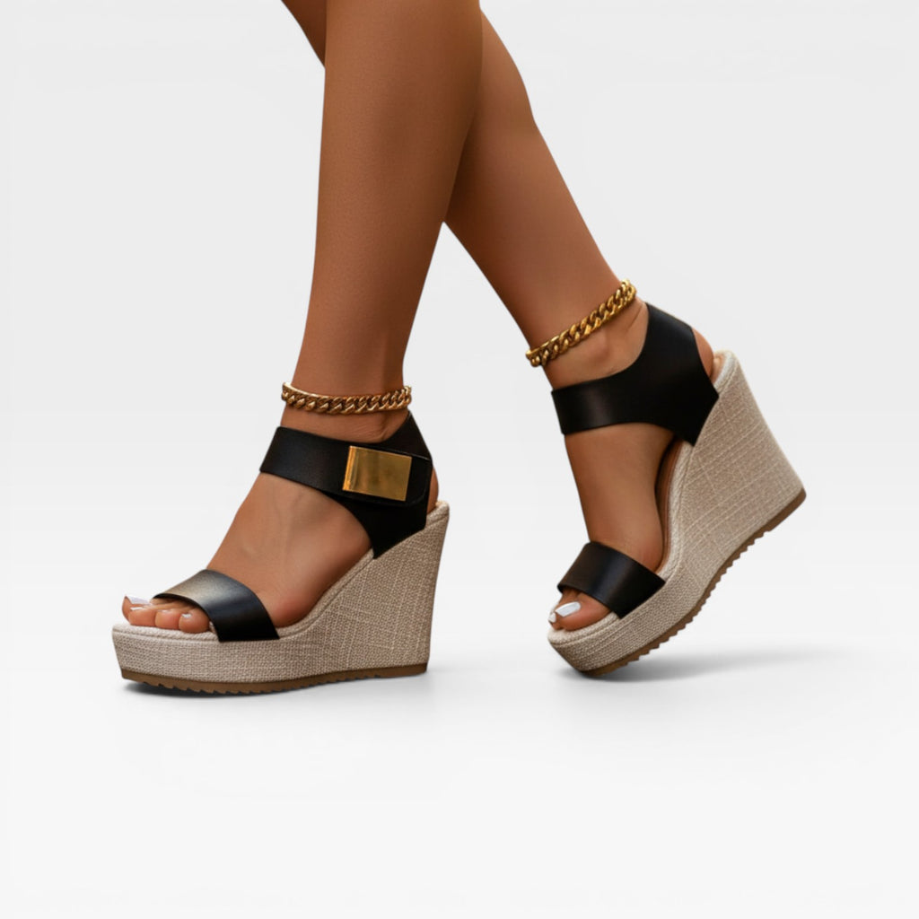 Sandales compensées colorblock pour femmes – Chaussures élégantes à bout ouvert avec bride cheville et plateforme