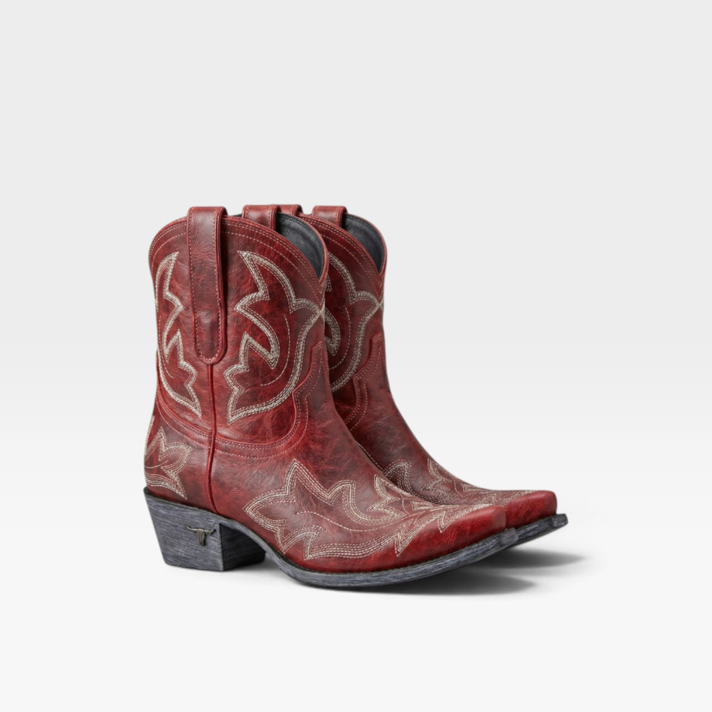 Women's Embroidered Cowboy Boots – Distressed Snip Toe Western Booties