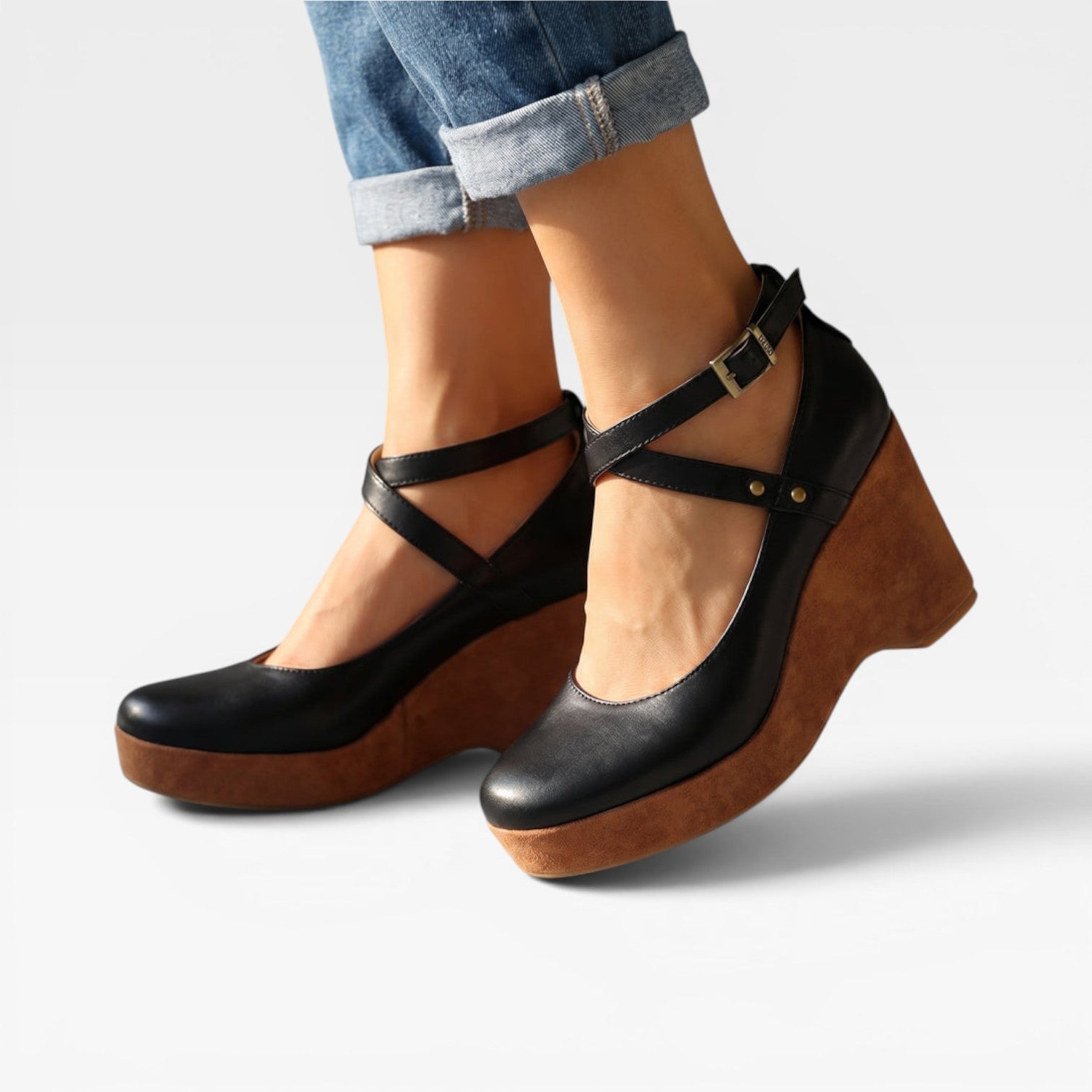Women's Vintage Cross Strap Wedges – Elegant Closed Toe Ankle Strap Pumps for Special Occasions