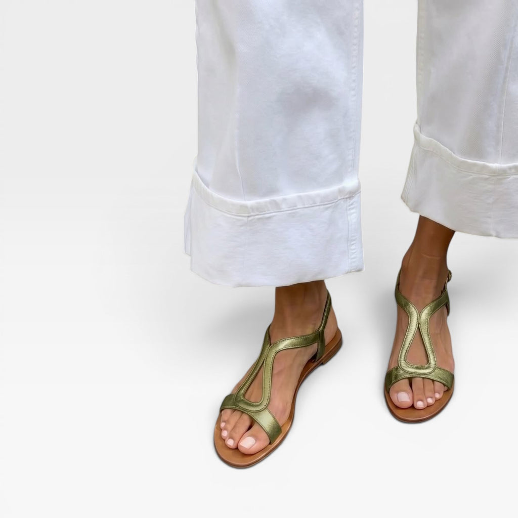 Women's Metallic Leather Sandals – Sculptural Strap Slingback Flats