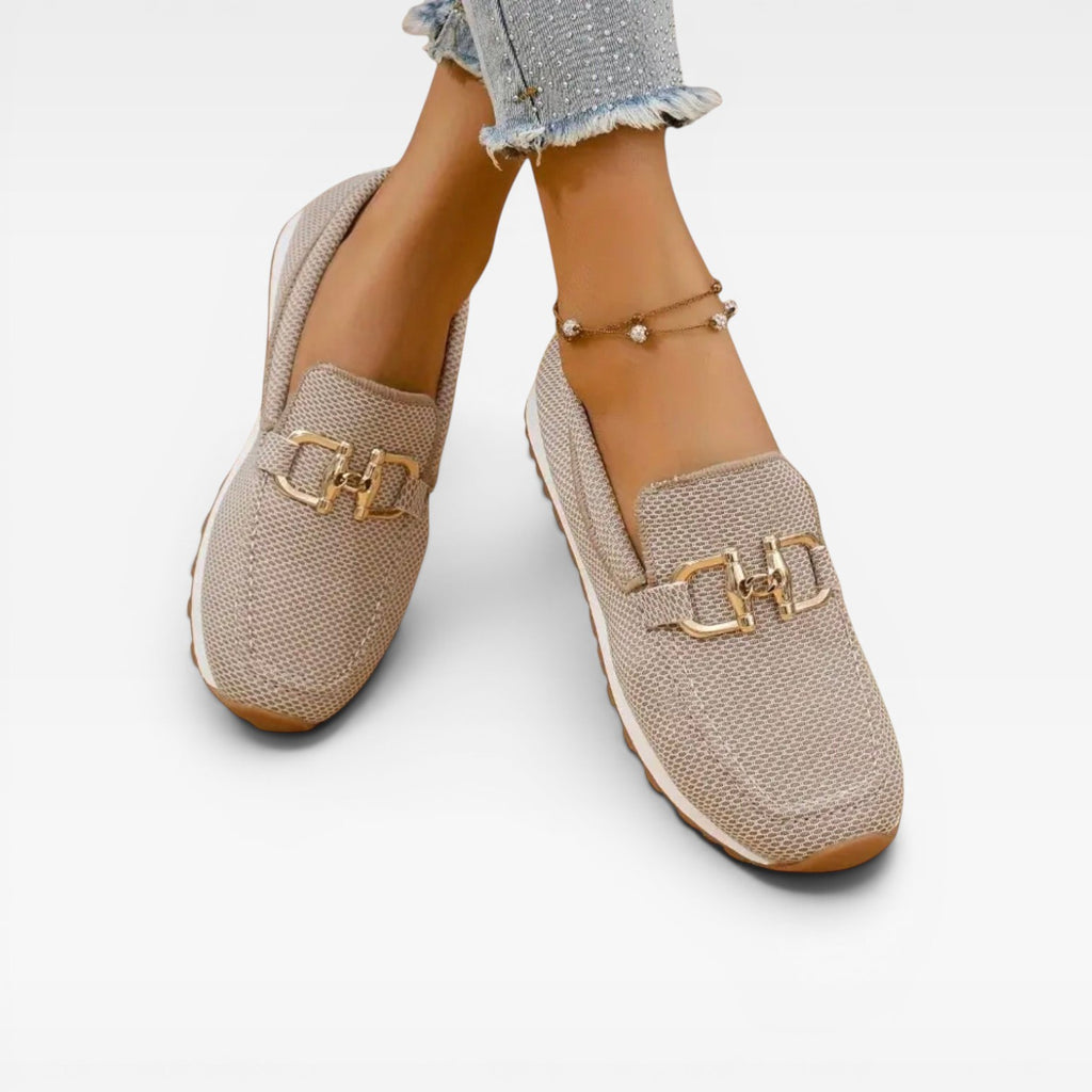 Baskets mocassins en maille pour femmes – Chaussures confort rembourrées avec boucle dorée