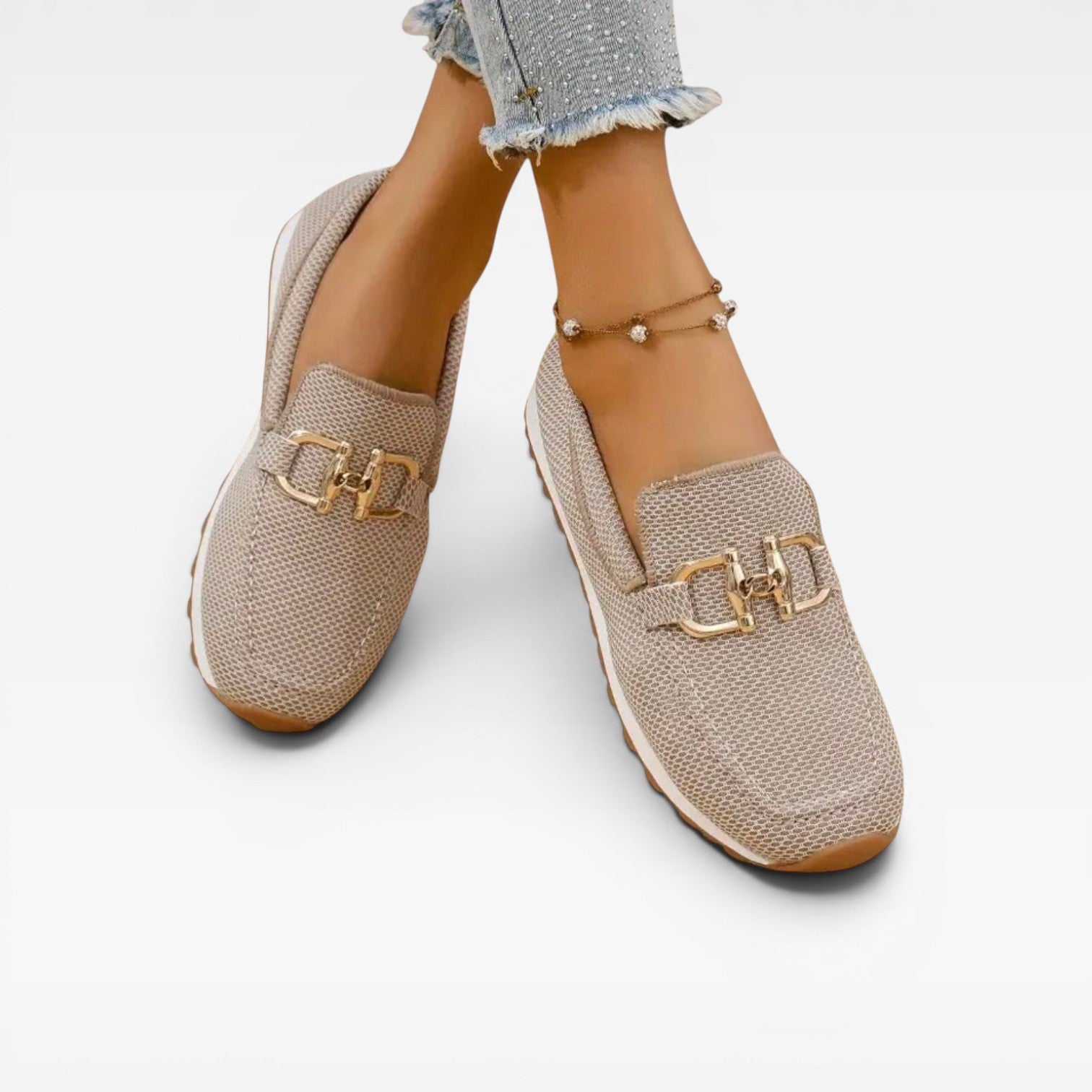 Baskets mocassins en maille pour femmes – Chaussures confort rembourrées avec boucle dorée