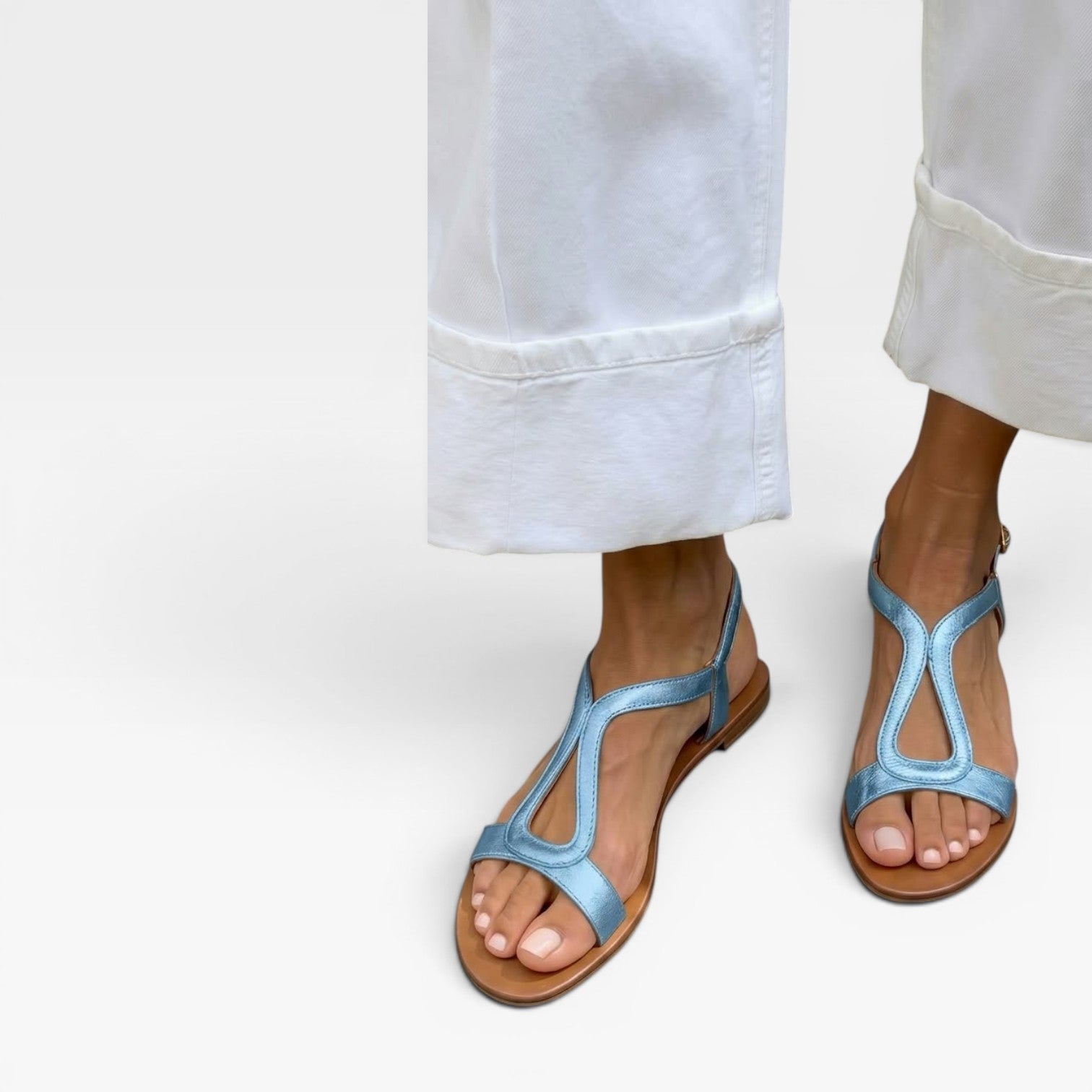 Women's Metallic Leather Sandals – Sculptural Strap Slingback Flats