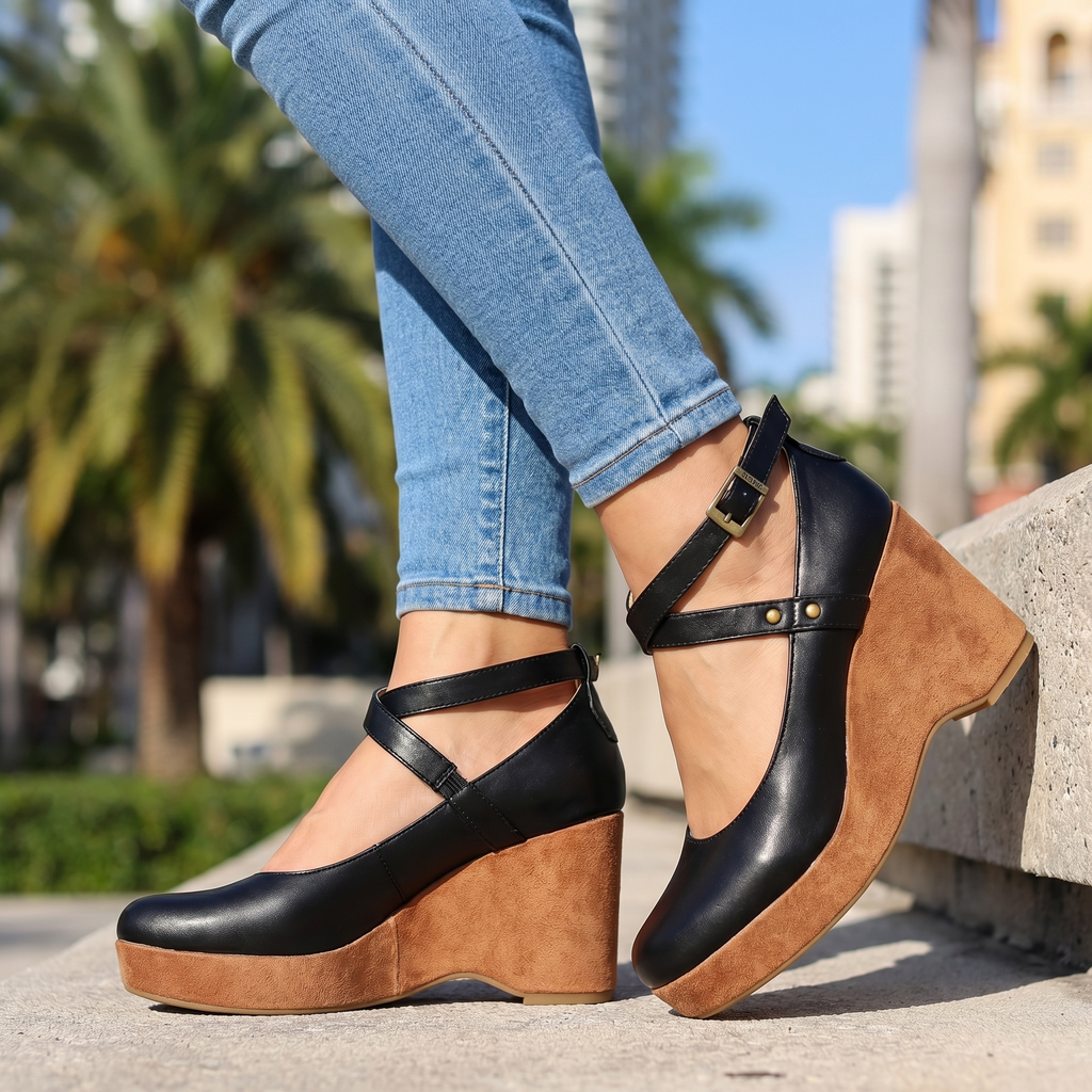 Women's Vintage Cross Strap Wedges – Elegant Closed Toe Ankle Strap Pumps for Special Occasions