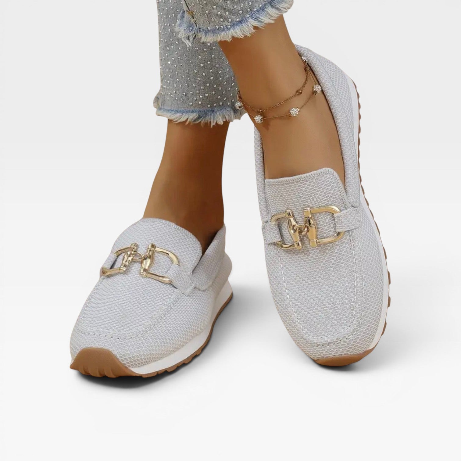Baskets mocassins en maille pour femmes – Chaussures confort rembourrées avec boucle dorée
