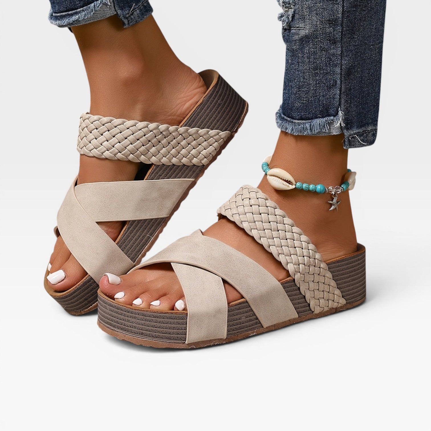 Women's Boho Wedge Sandals – Woven Cross Strap Slip On Summer Mules
