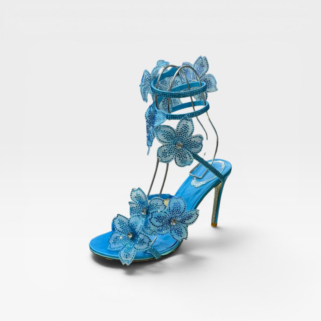 Women's Crystal Flower Heels – Elegant Orchid Wrap Around Ankle Stiletto Sandals for Special Occasions