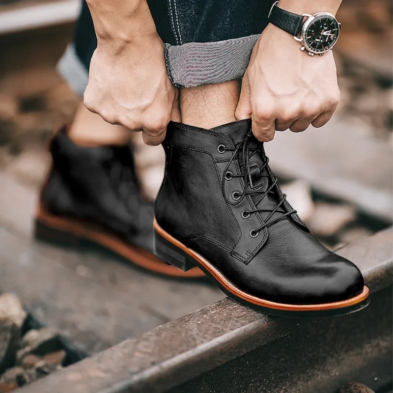 Men's Leather Lace Up Boots – Buckle Strap Classic Ankle Boots