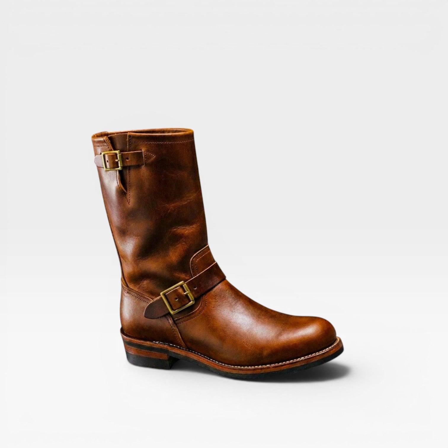 Bottes en cuir vieilli vintage pour hommes – Bottes style ingénieur mi-mollet avec boucle