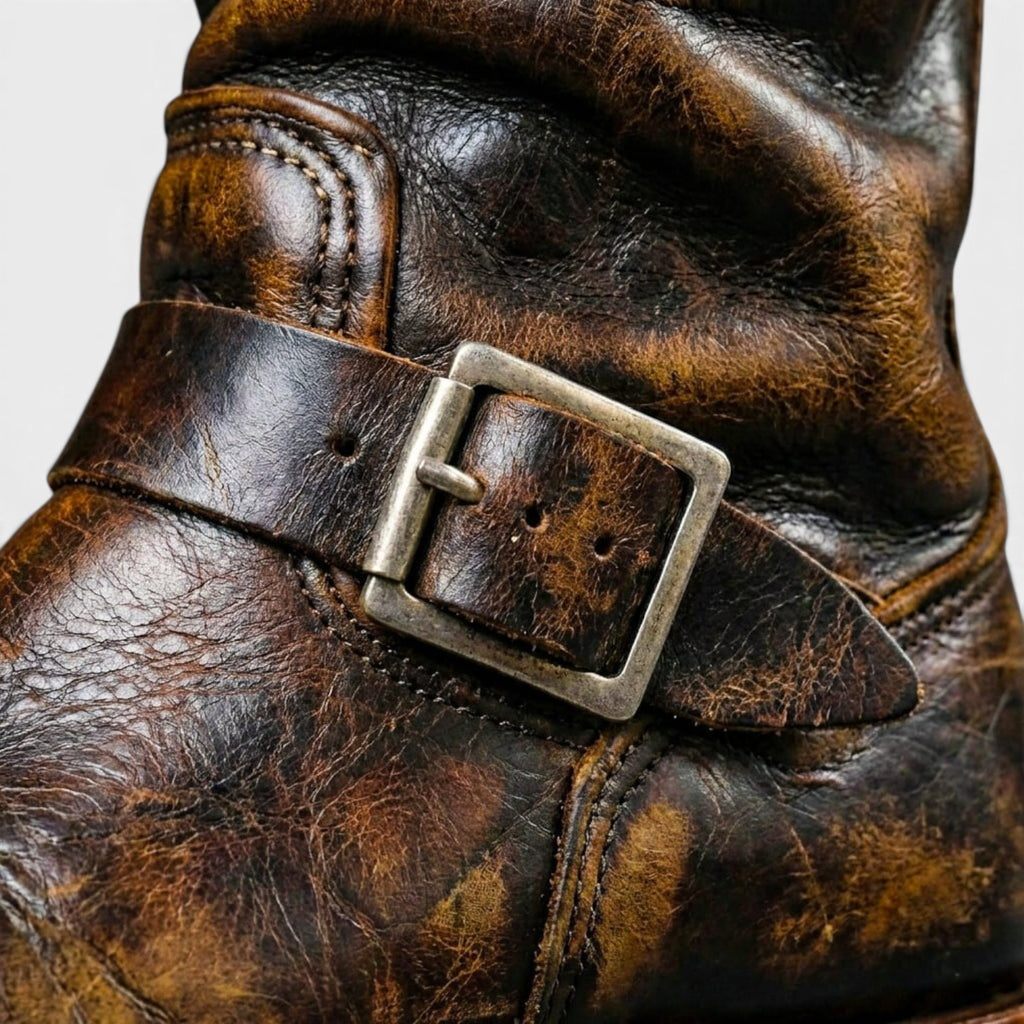 Bottes en cuir vieilli vintage pour hommes – Bottes style ingénieur mi-mollet avec boucle