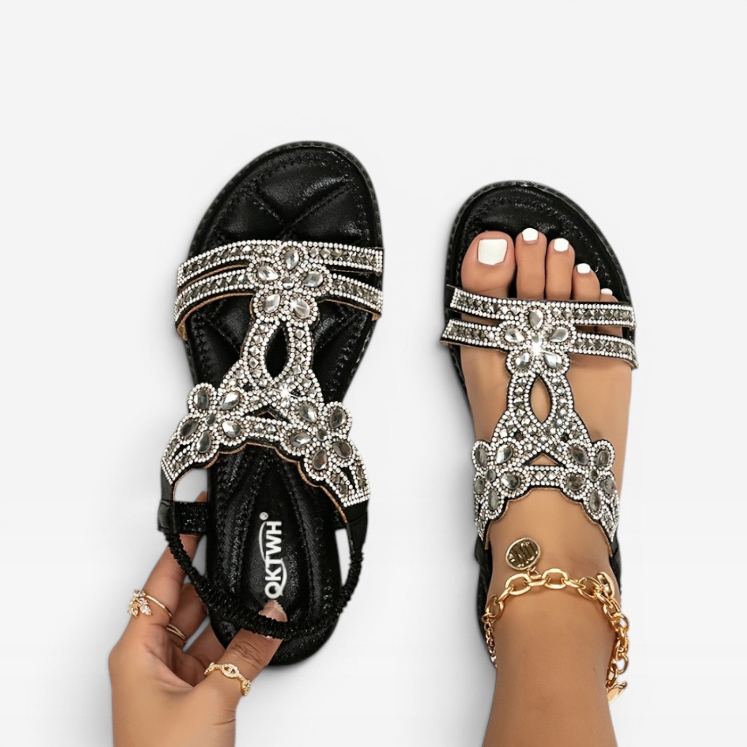 Women's Boho Embellished Flat Sandals – Strappy Open Toe Summer Style