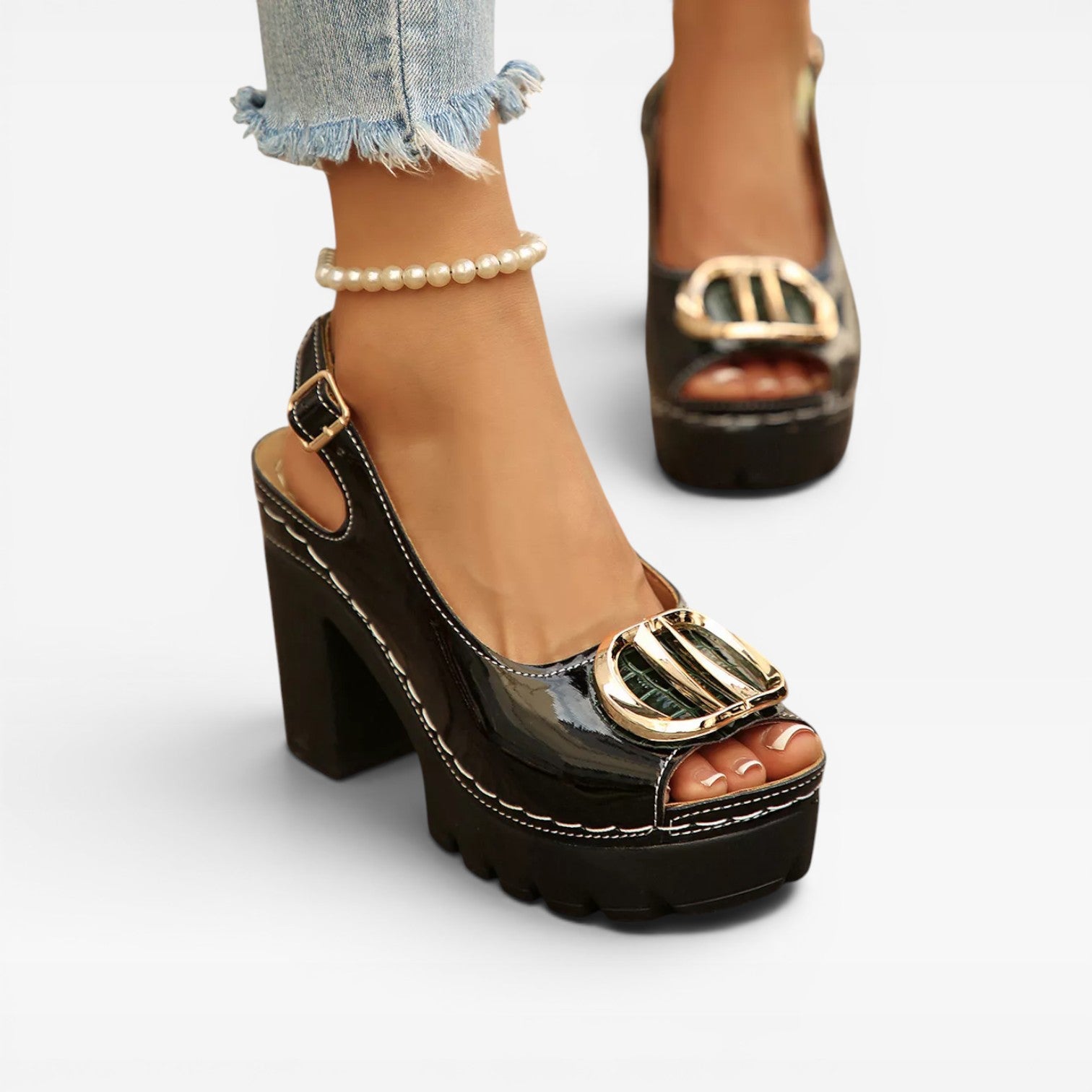 Women's Chunky Platform Heels – Peep Toe Buckle Block Heel Sandals for Special Occasions