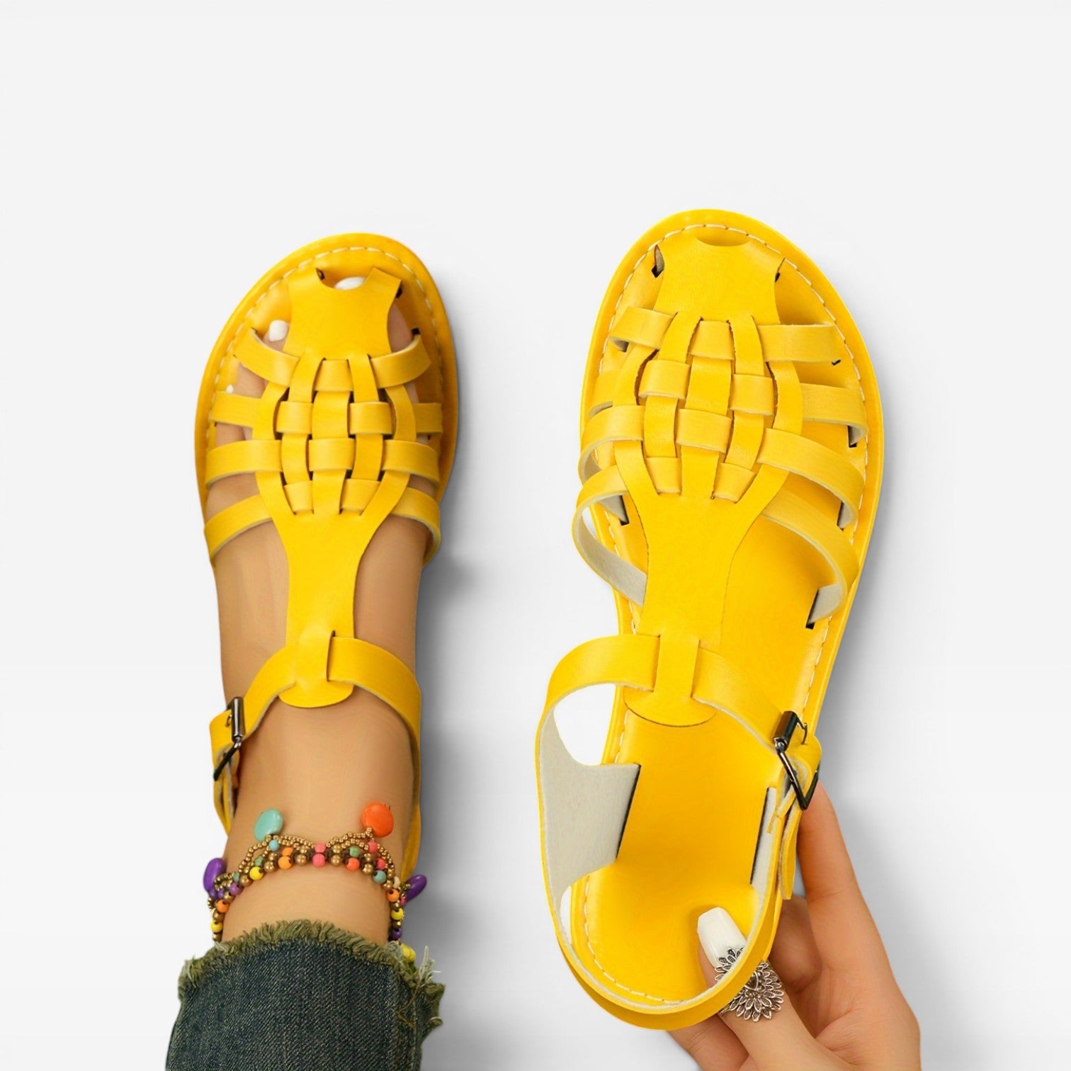 Women's Boho Fisherman Sandals – Woven Closed Toe Flat Summer Style