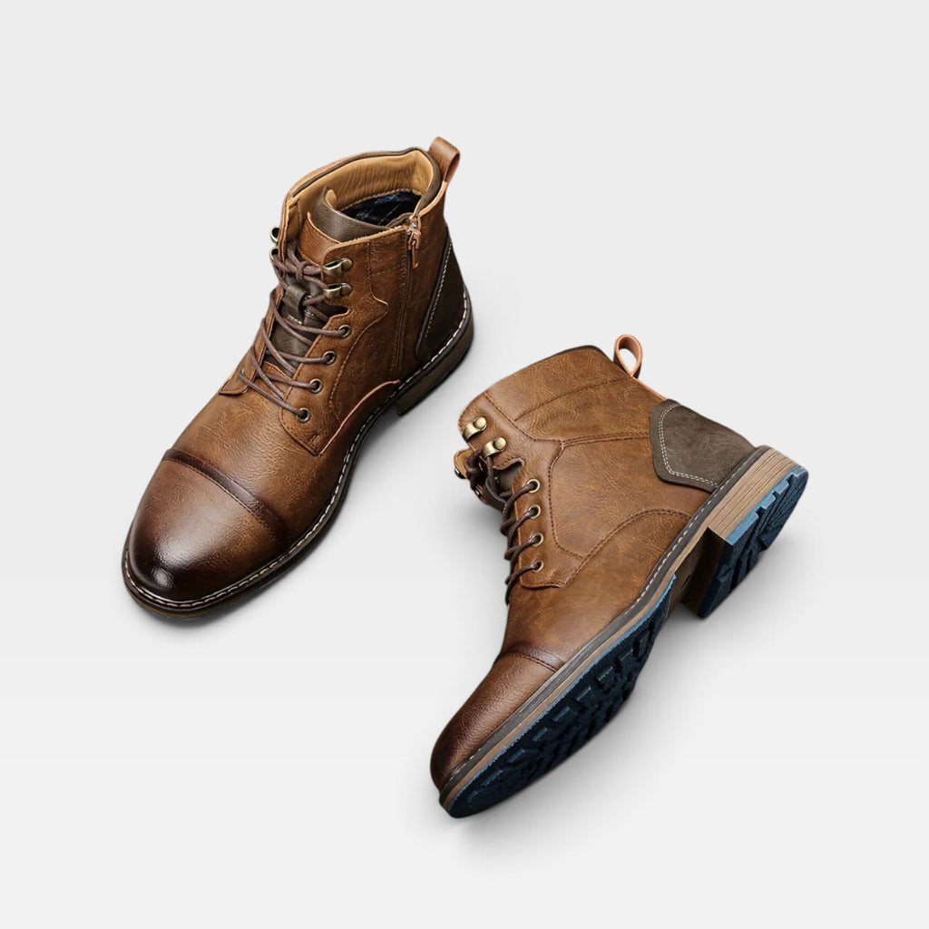 Men's Leather Cap Toe Boots – Contrast Sole Lace Up Ankle Boots