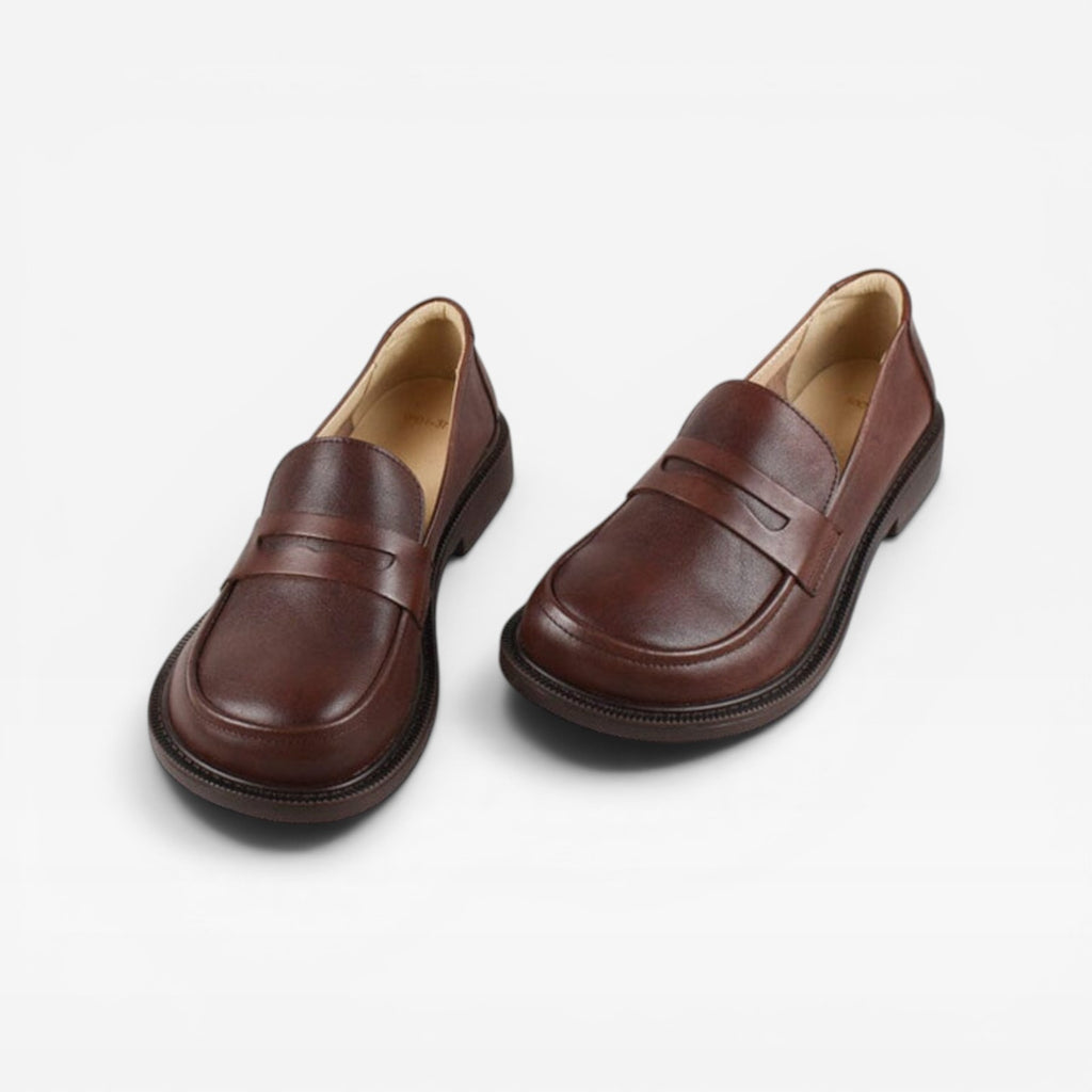 Mocassins penny en cuir véritable pour femmes – Chaussures classiques à enfiler à bout rond