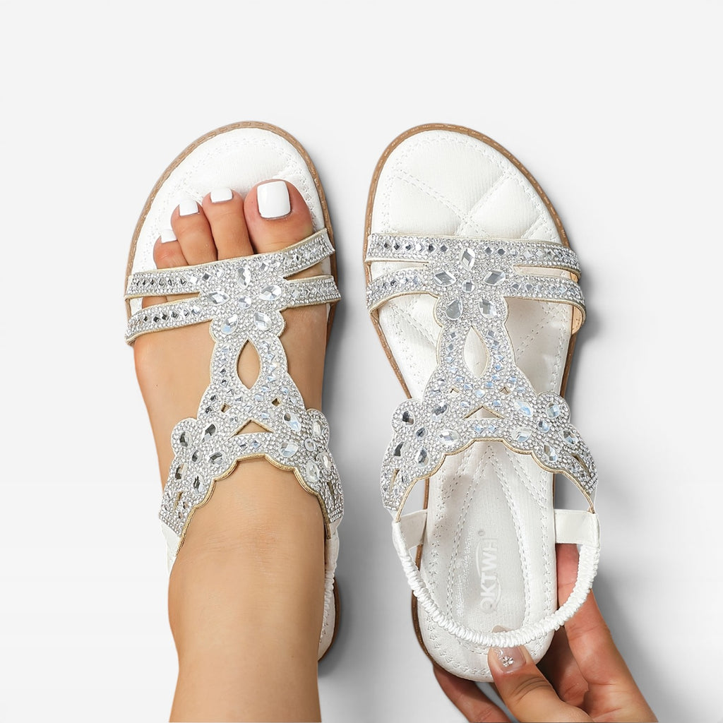 Women's Boho Embellished Flat Sandals – Strappy Open Toe Summer Style