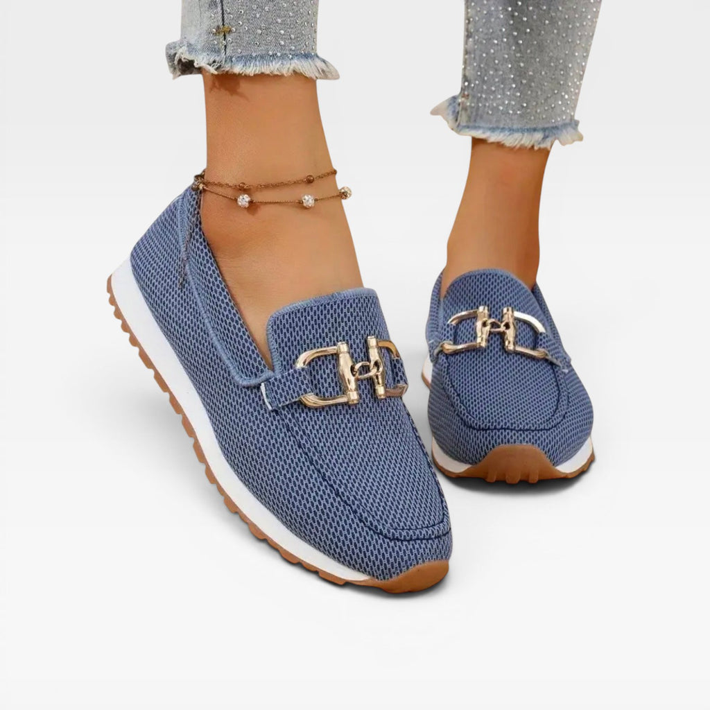 Baskets mocassins en maille pour femmes – Chaussures confort rembourrées avec boucle dorée