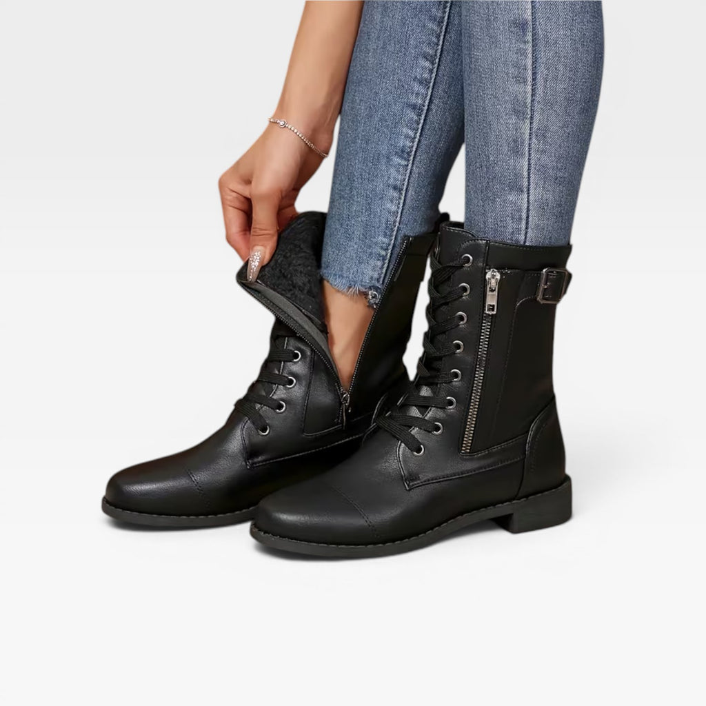 Bottes à lacets en cuir pour femmes – Chaussures élégantes mi-mollet avec détail boucle