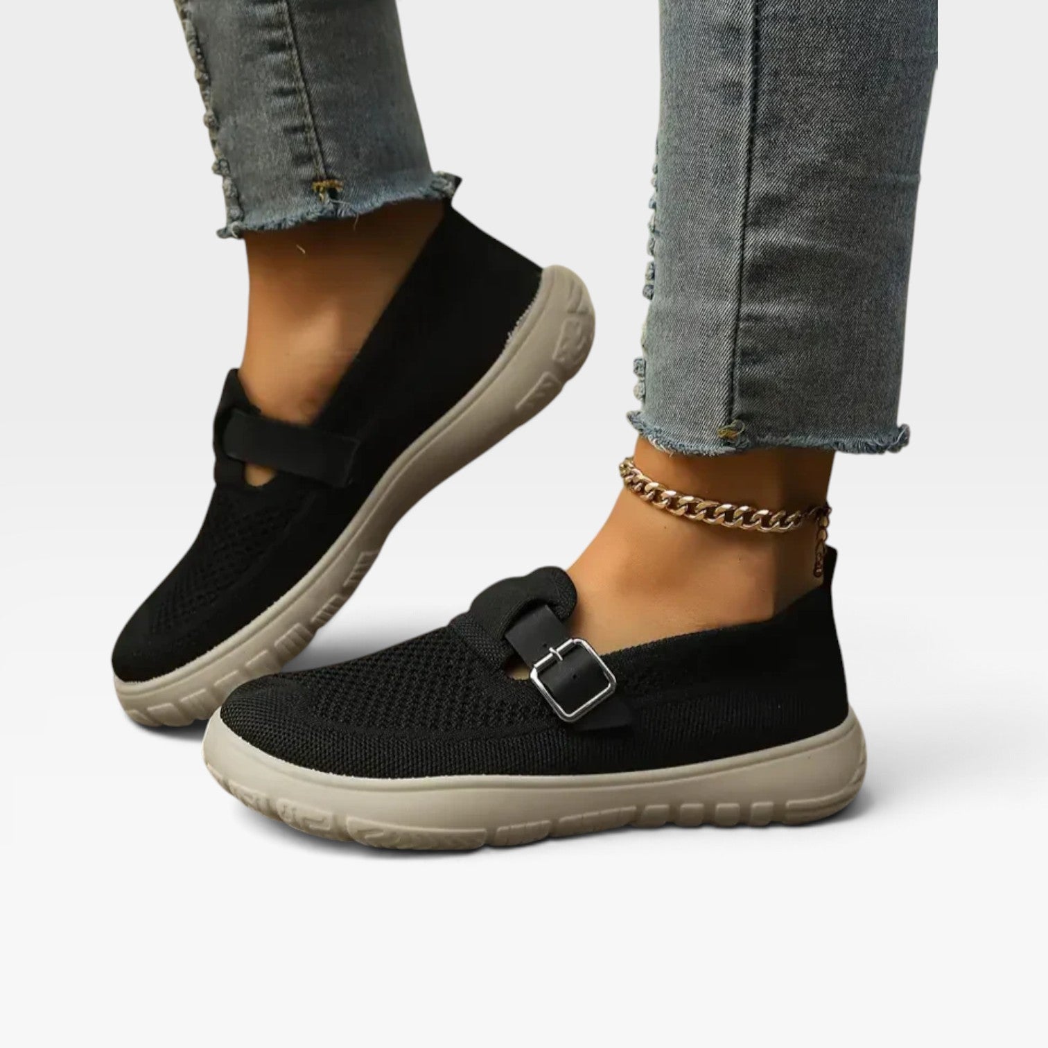 Women's Knit Slip On Shoes – Cushioned Comfort Sneakers with Buckle Strap