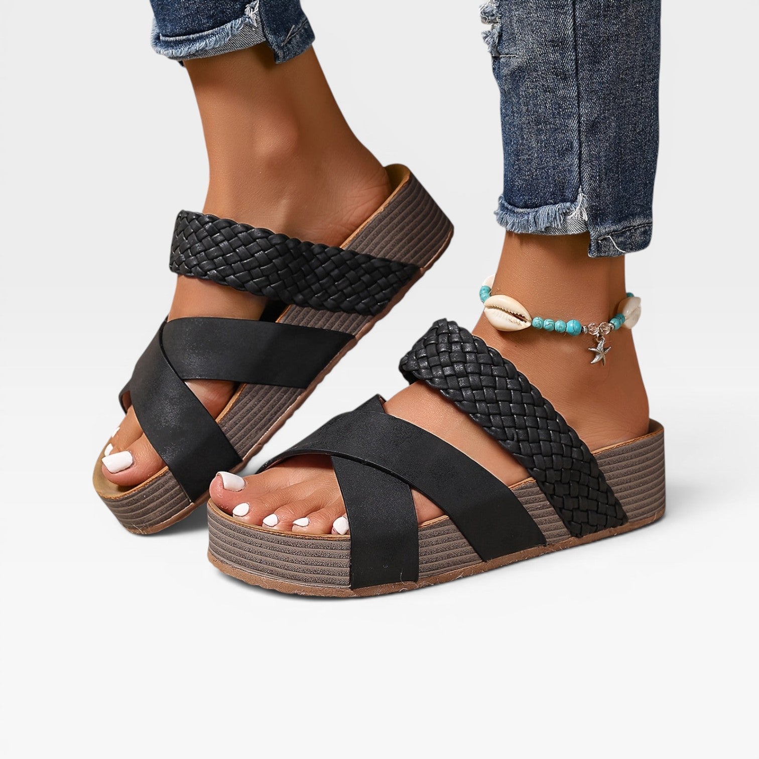 Women's Boho Wedge Sandals – Woven Cross Strap Slip On Summer Mules