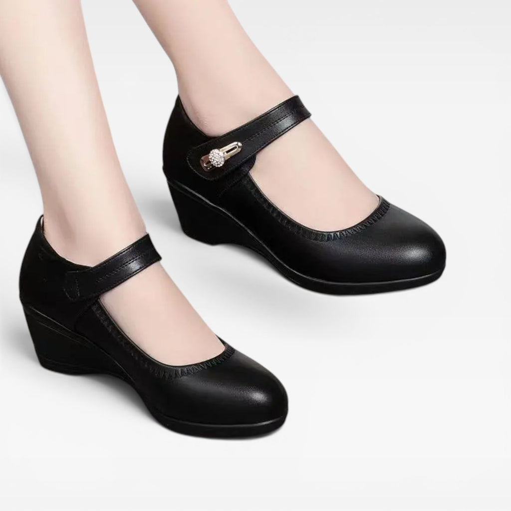 Women's Leather Mary Jane Pumps – Elegant Mid Heel Strap Shoes for Special Occasions