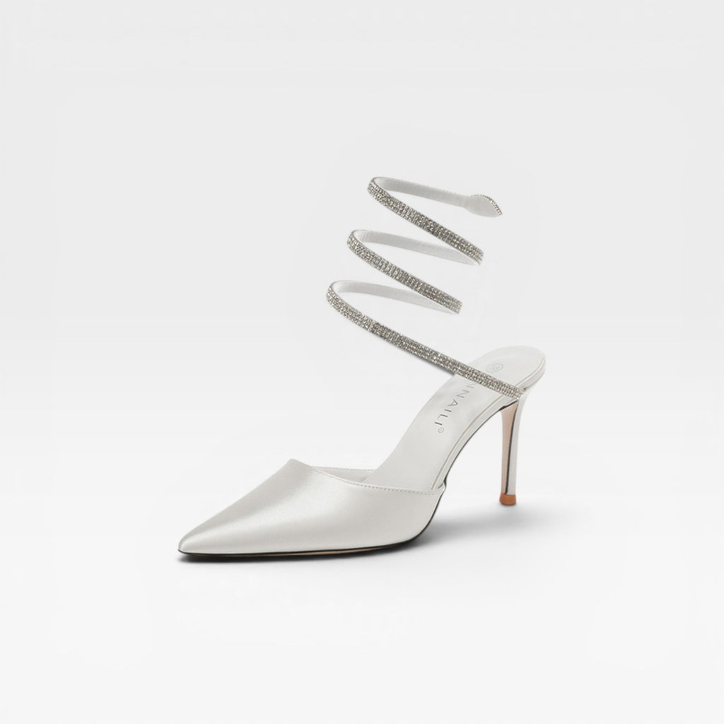 Women's Crystal Ankle Wrap Heels – Elegant Pointed Toe Satin Bridal Stiletto Pumps for Special Occasions