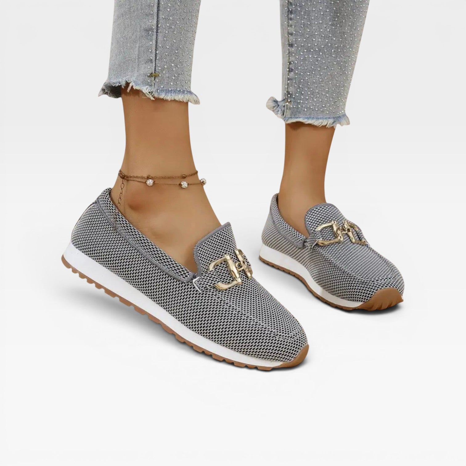 Baskets mocassins en maille pour femmes – Chaussures confort rembourrées avec boucle dorée