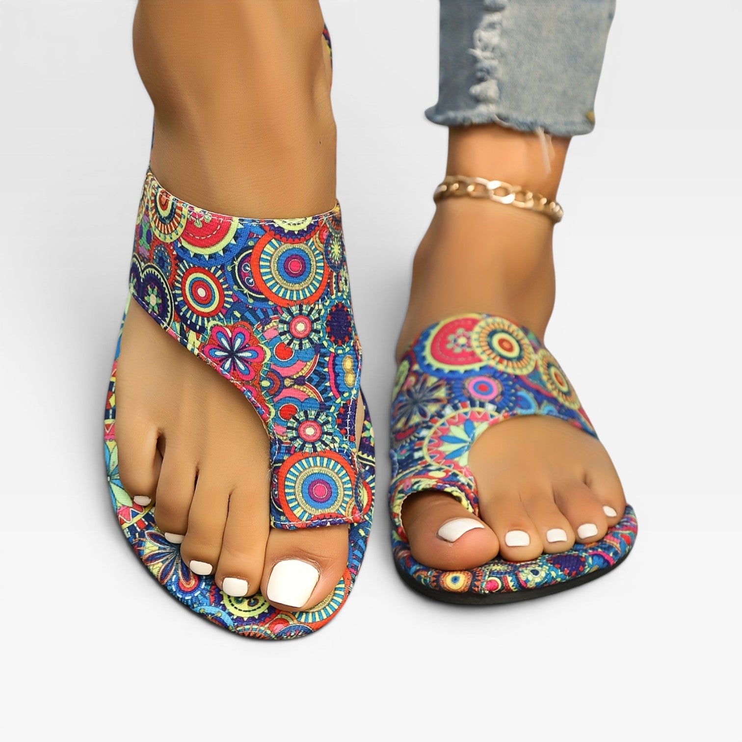 Women's Boho Summer Sandals – Floral Print Cushioned Slides