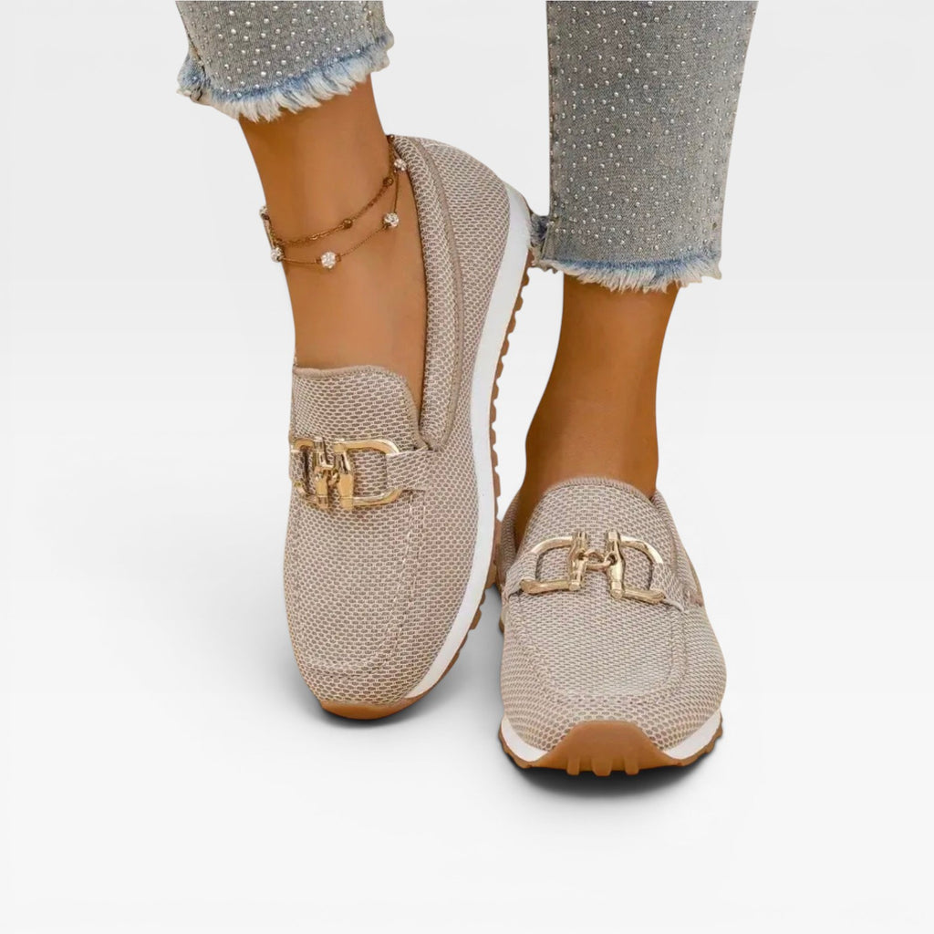 Baskets mocassins en maille pour femmes – Chaussures confort rembourrées avec boucle dorée