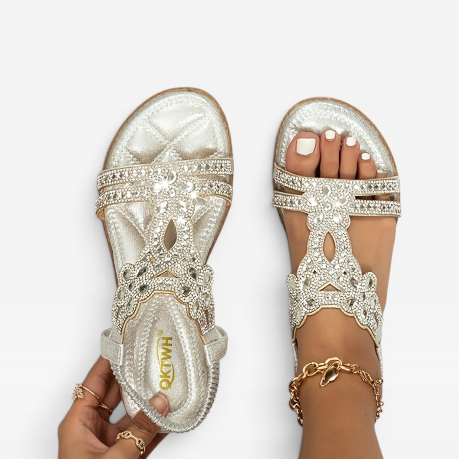 Women's Boho Embellished Flat Sandals – Strappy Open Toe Summer Style