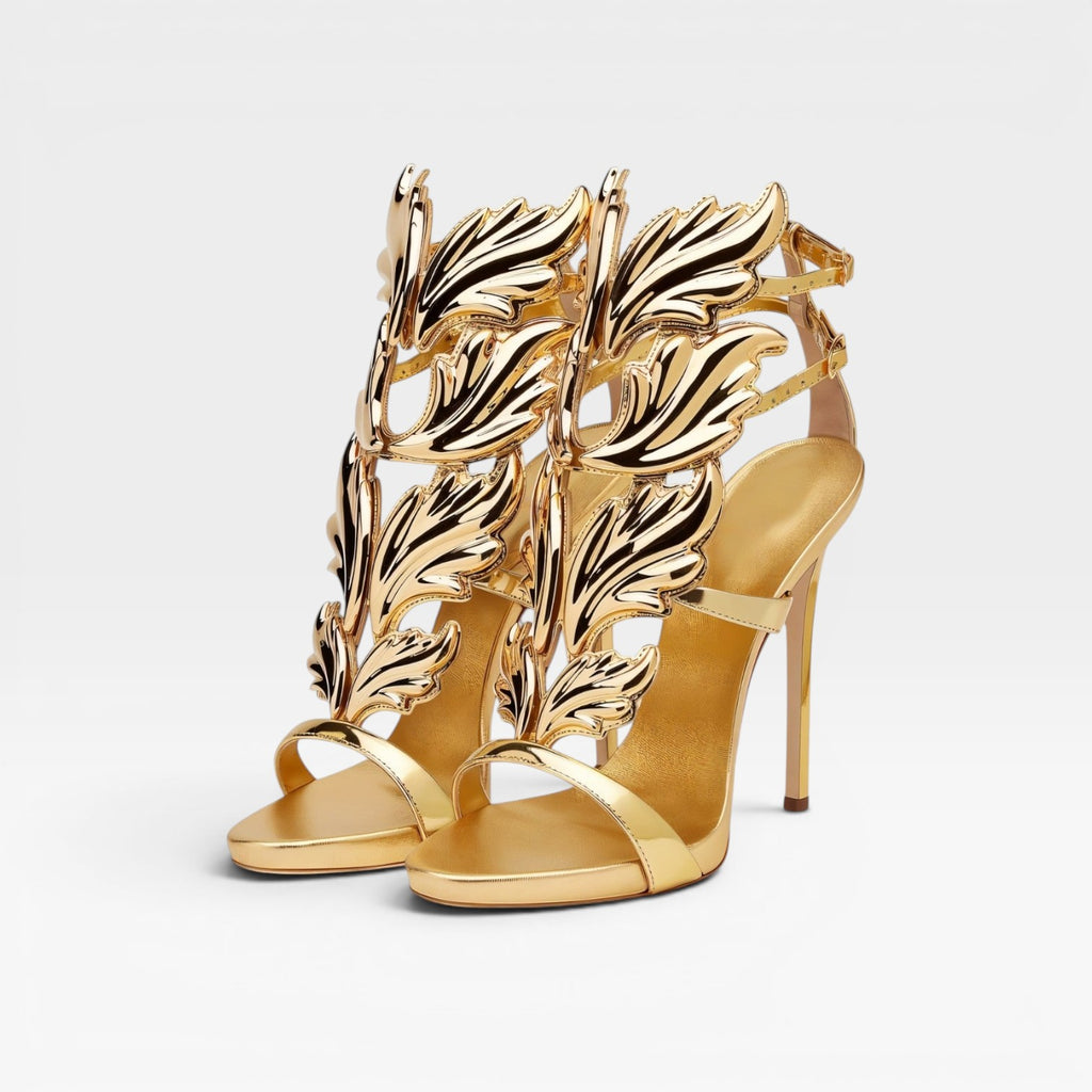Women's Gold Sculptural Heels – Elegant Strappy Stiletto Sandals for Special Occasions