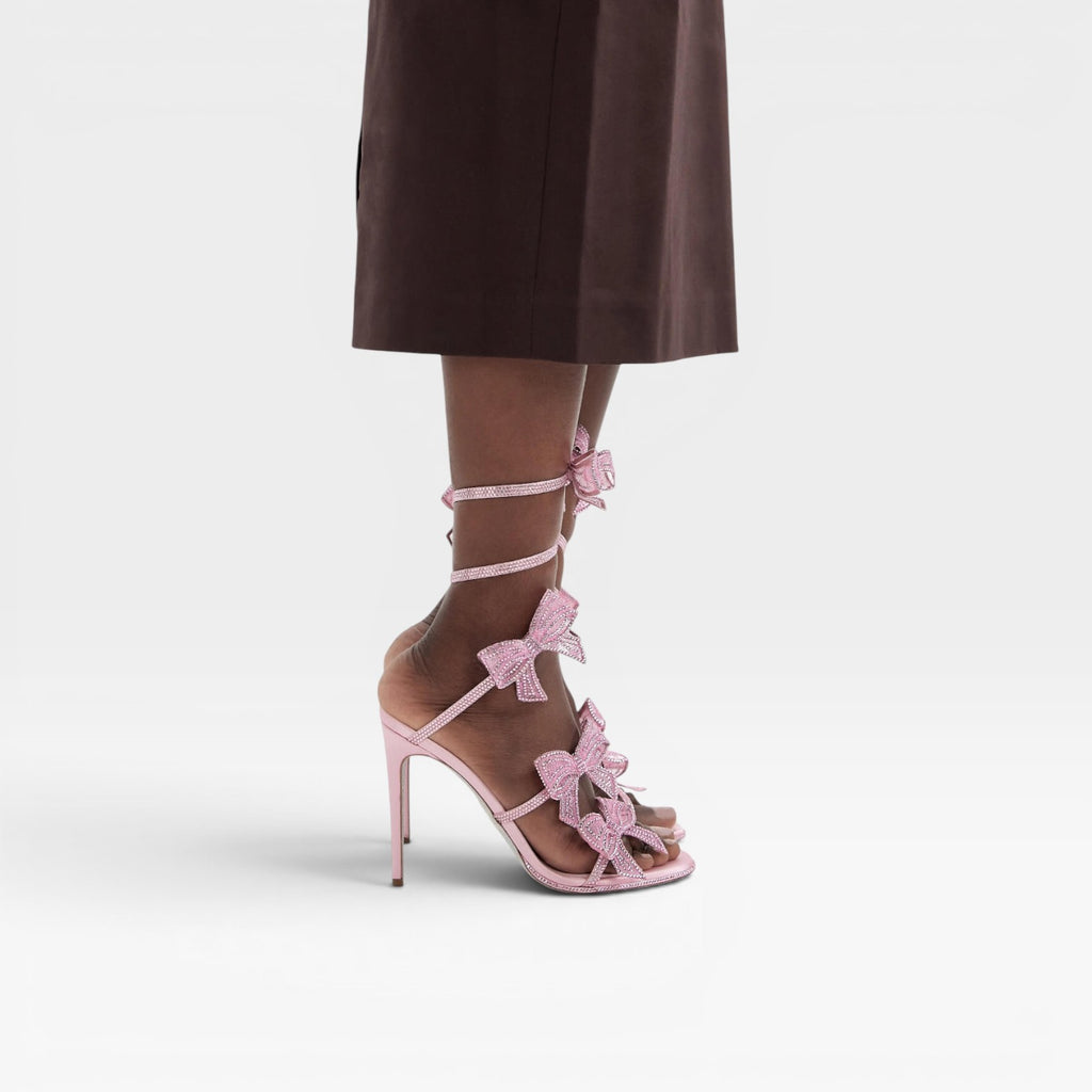 Women's Crystal Bow Heels – Elegant Satin Wrap Ankle Stiletto Sandals for Special Occasions