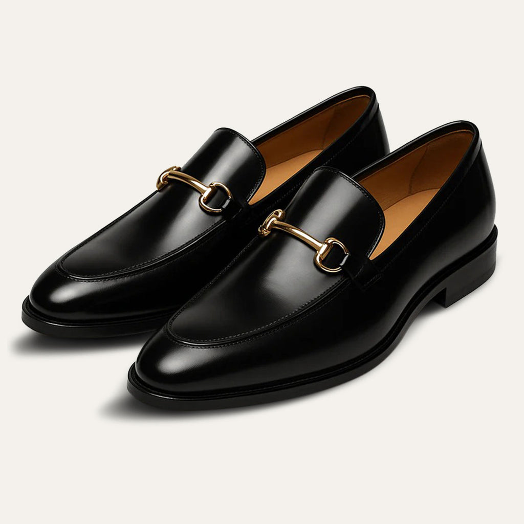 Men's Leather Horsebit Loafers – Elegant Gold Buckle Slip On Dress Shoes