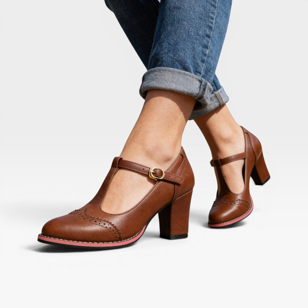 Women's Vintage Mary Jane Pumps – Elegant Brogue T Strap Block Heel Shoes for Special Occasions