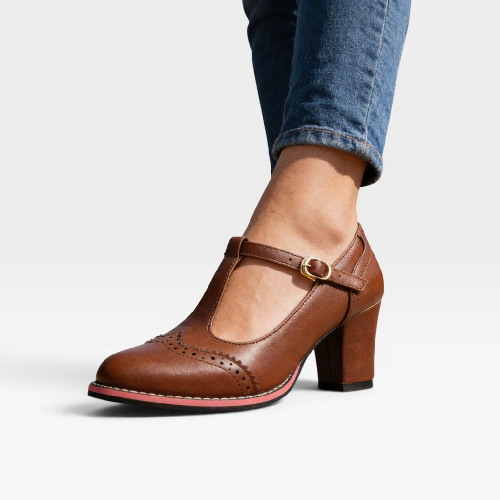 Women's Vintage Mary Jane Pumps – Elegant Brogue T Strap Block Heel Shoes for Special Occasions