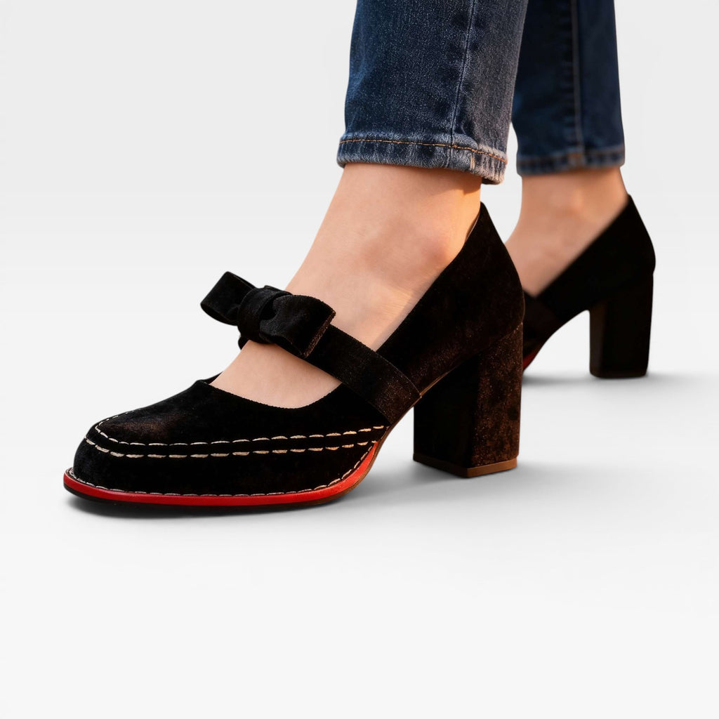 Escarpins Mary Jane en velours pour femmes – Talons blocs élégants avec nœud pour occasions spéciales