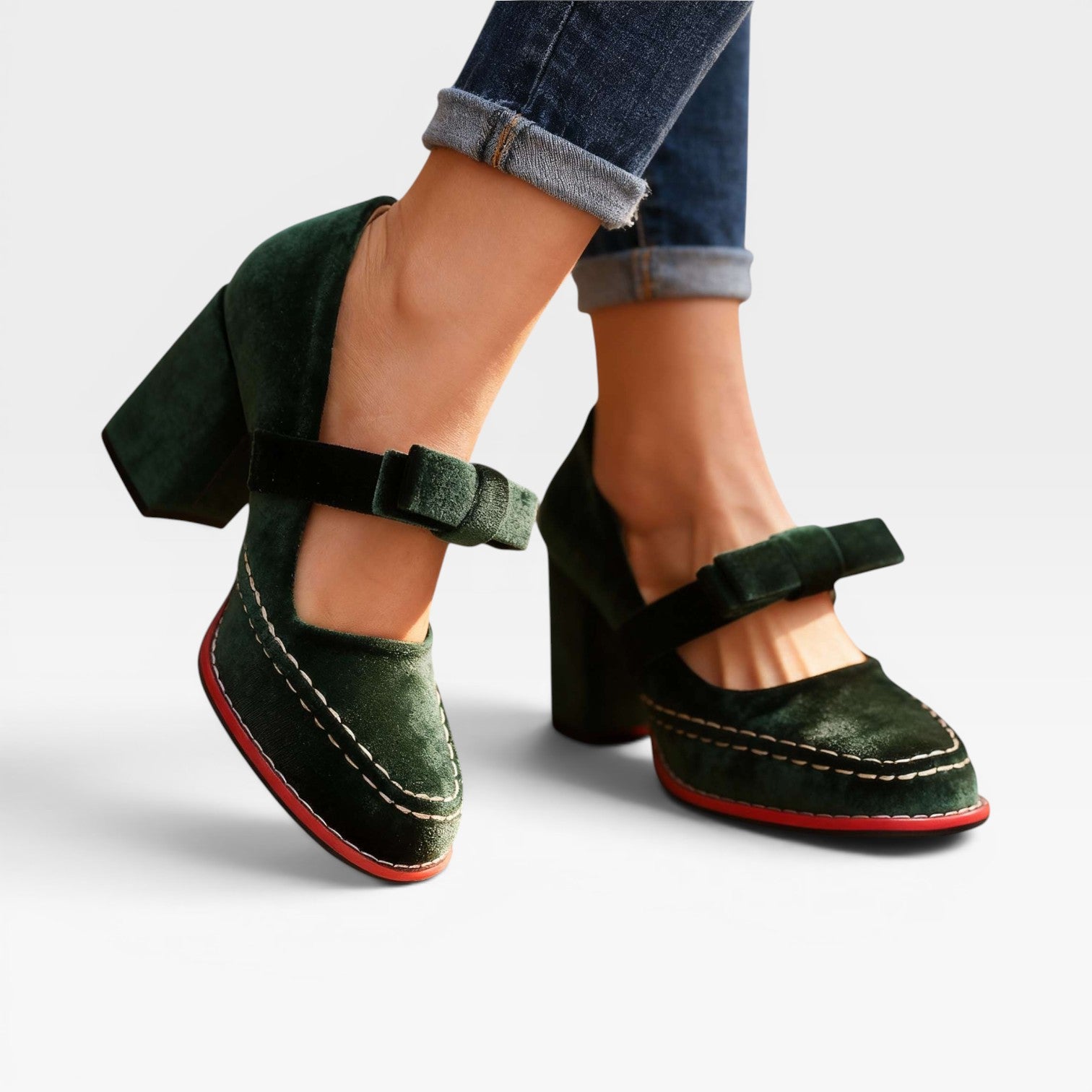 Escarpins Mary Jane en velours pour femmes – Talons blocs élégants avec nœud pour occasions spéciales