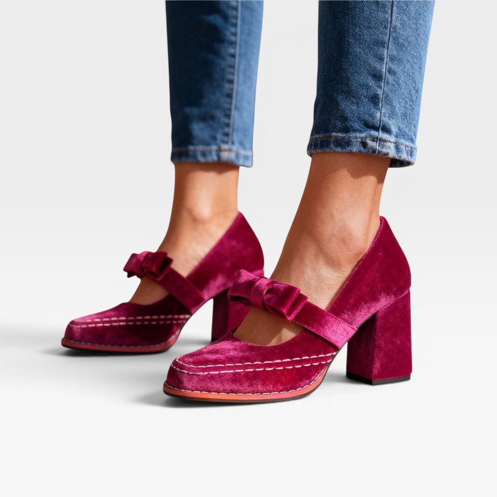 Escarpins Mary Jane en velours pour femmes – Talons blocs élégants avec nœud pour occasions spéciales