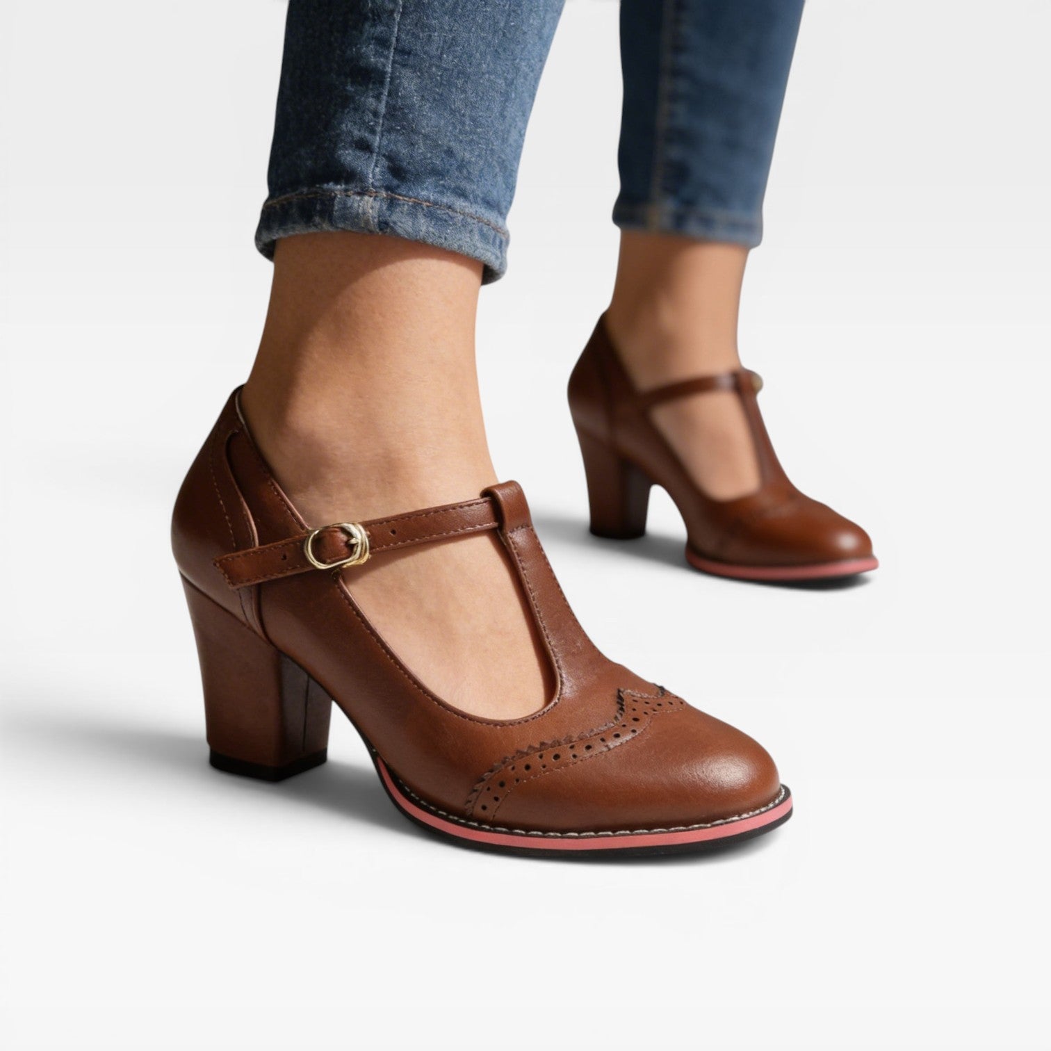 Women's Vintage Mary Jane Pumps – Elegant Brogue T Strap Block Heel Shoes for Special Occasions