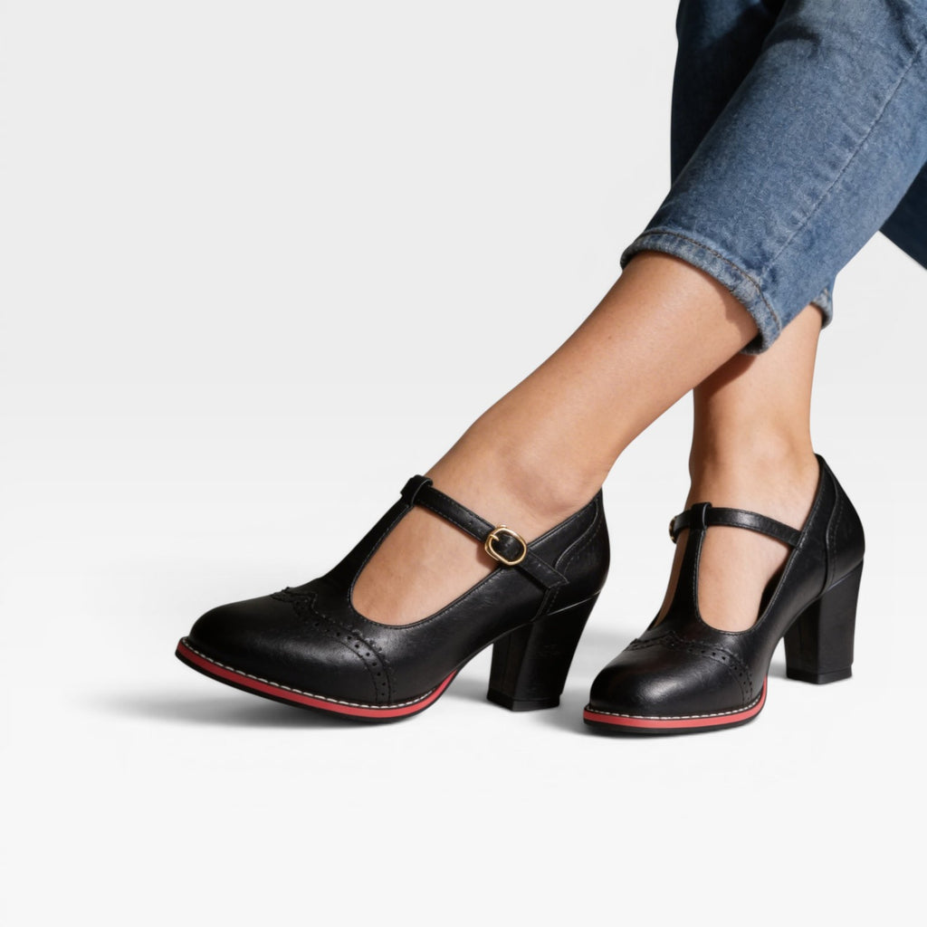 Women's Vintage Mary Jane Pumps – Elegant Brogue T Strap Block Heel Shoes for Special Occasions