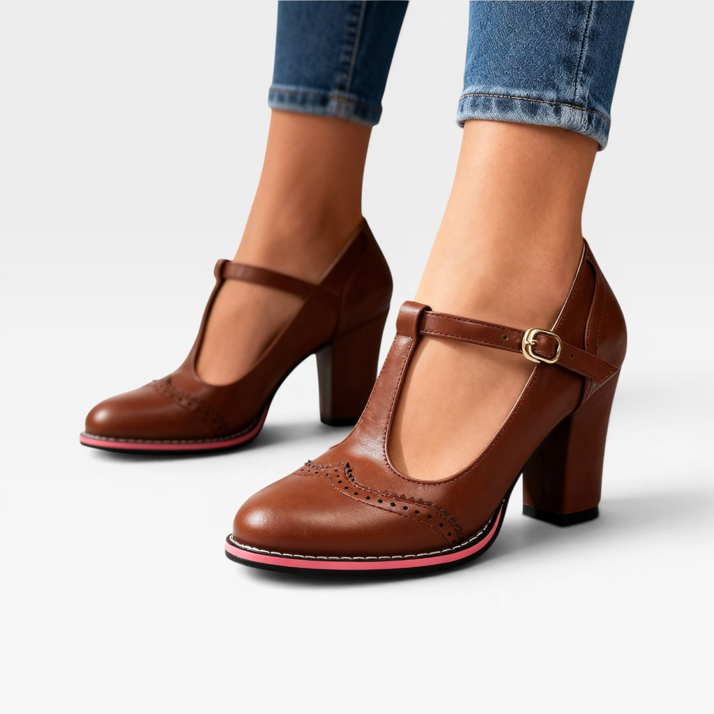 Women's Vintage Mary Jane Pumps – Elegant Brogue T Strap Block Heel Shoes for Special Occasions
