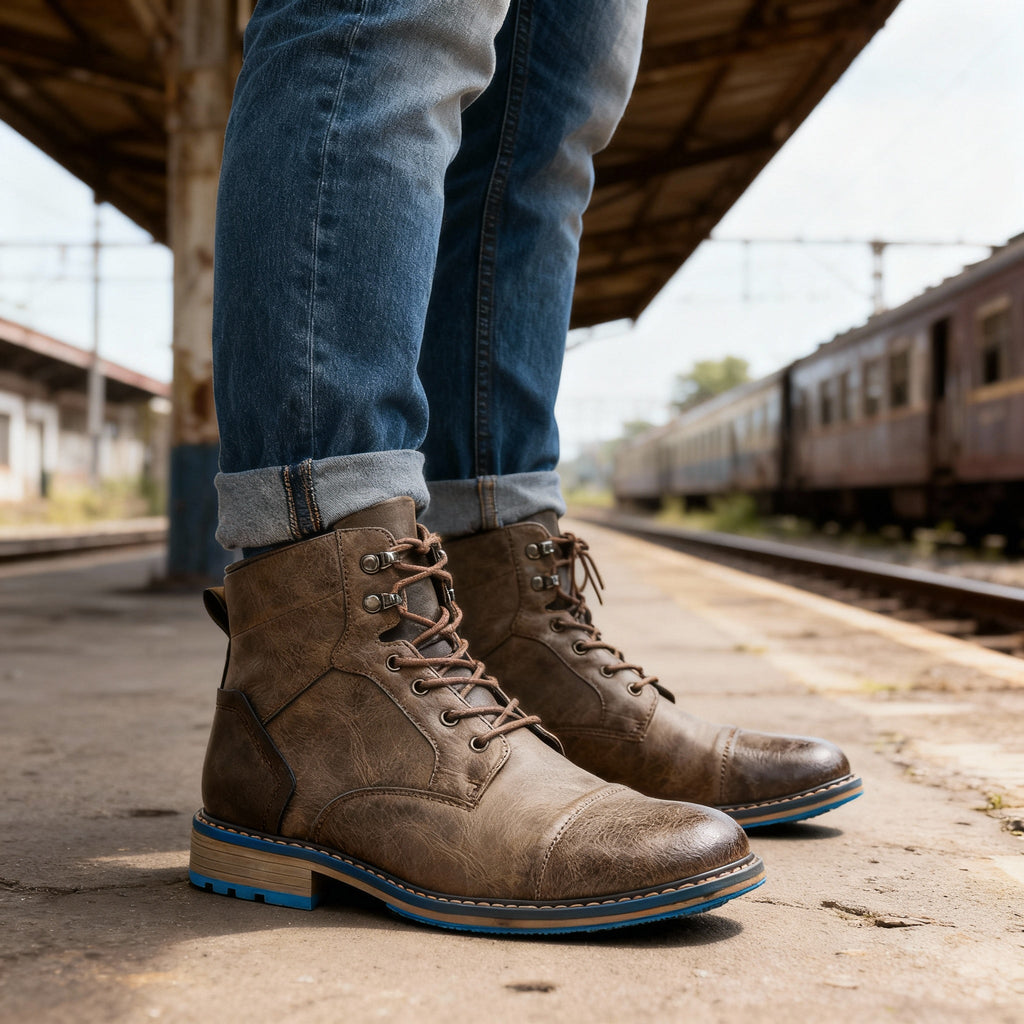 Men's Vintage Leather Combat Boots – Classic Cap Toe Lace Up Ankle Shoes