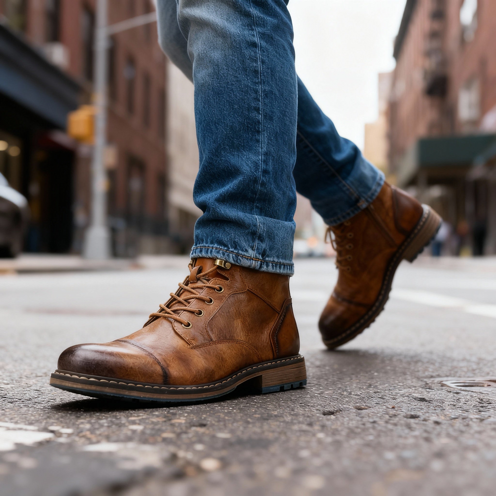 Men's Vintage Leather Combat Boots – Classic Cap Toe Lace Up Ankle Shoes