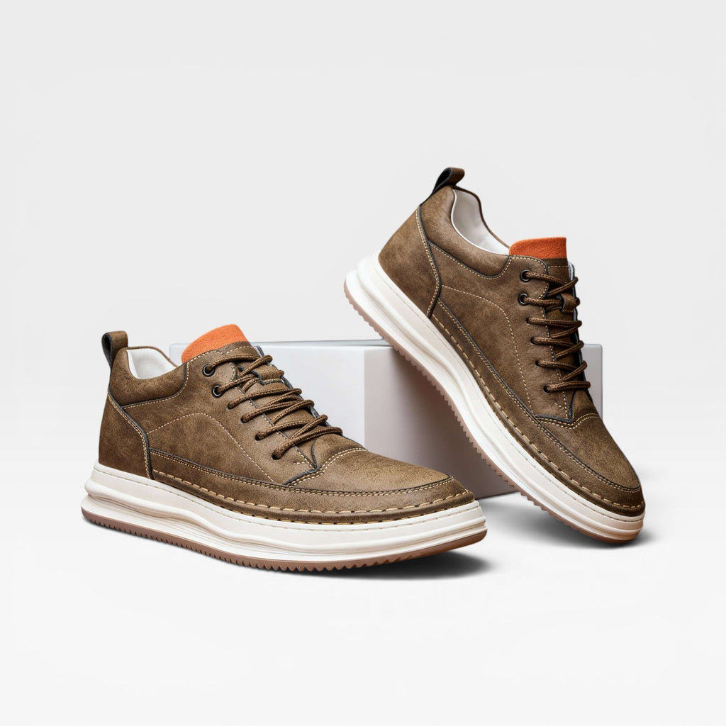 Men's Burnished Leather Trainers – Hand Stitched Lace Up Casual Sneakers